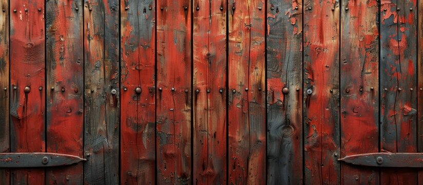 An old wooden door displaying signs of age and neglect, with its paint peeling off due to rust