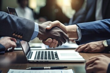 Business Handshake Over a Desk with Technology and Laptops - obrazy, fototapety, plakaty