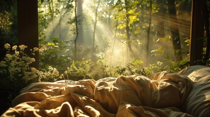 The sun filters through the leaves creating a dreamy atmosphere in the forest. Lying on a plush bed you can feel the gentle breeze from the open window and listen to 2d flat cartoon.