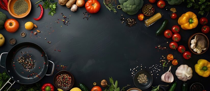 Organic vegetables, spices, and herbs laid out on a black chalkboard in a top view with copy space, ready for blending into a creamy soup inside a painted stewpan. The theme revolves around vegetarian