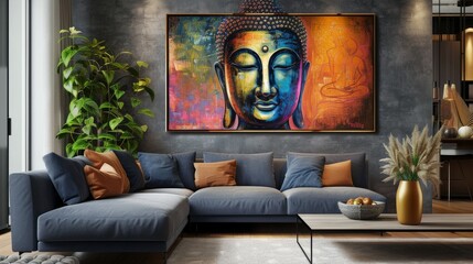 Enhance your living room with a modern abstract Buddha head statue as a striking home decoration piece and a unique background, Generated by AI