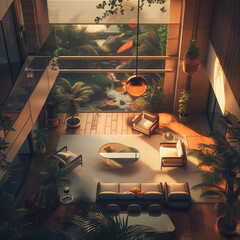 A cozy living room with a wood floor contains a sofa, armchairs, and coffee table, plants and warm lighting, and large windows overlooking the indoor gardening