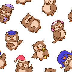 Cartoon happy owl characters. Seamless pattern. Cute kawaii forest birds. Hand drawn style. Vector drawing. Design ornaments.
