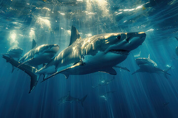 A group of sharks swim in the deep blue ocean. Created with Ai - obrazy, fototapety, plakaty