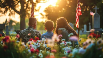 A touching scene of a veteran's family gathering at a cemetery to share stories and memories of their loved one on Memorial Day, surrounded by flags and flowers