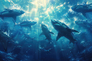 A school of sharks swimming in the deep blue ocean, with sunlight filtering through the water, creating an ethereal and mystical atmosphere. Created with Ai