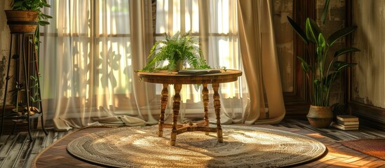 Fototapeta premium In a room with a circular rug, there is a wooden table adorned with a living plant and a book.