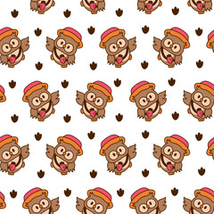 Fototapeta premium Cartoon happy owl characters. Seamless pattern. Cute kawaii forest birds. Hand drawn style. Vector drawing. Design ornaments.