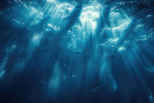 Realistic photo of sharks swimming in the deep blue ocean, with sunlight shining through from above. Created with Ai