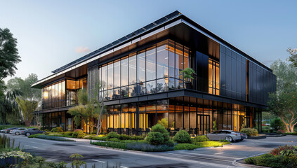  Modern two-story commercial building, glass curtain wall facade, exterior walls made of dark wood, high-end car parking lot and office space on the first floor. Created with Ai