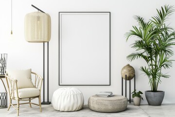 Scandinavian style living room with poster mockup created with generative ai