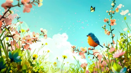Obraz na płótnie Canvas spring illustrations full of happiness and joy with beautiful flowers, trees and natural scenery, playing kites, close ups of birds and parrot, rabbits, butterflies and other creature