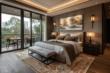 New Chinese style bedroom, double bed with large carpet and dining table in front of the window, dark gray walls decorated with brown wall panels on top, floortoceiling windows. Created with Ai