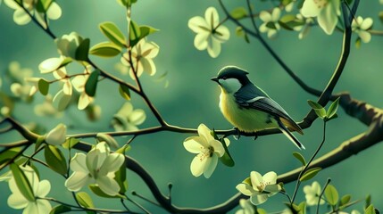Fototapeta premium spring illustrations full of happiness and joy with beautiful flowers, trees and natural scenery, playing kites, close ups of birds and parrot, rabbits, butterflies and other creature