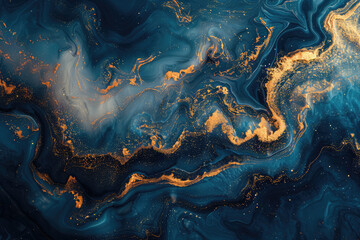 A digital art wallpaper of swirling marble patterns in deep blue and gold, with fluid textures that suggest the ocean's depths. Created with Ai - obrazy, fototapety, plakaty