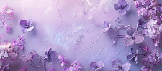 Naklejka premium Abstract floral background featuring purple flowers on pastel hues with a soft aesthetic suitable for spring or summer. Banner backdrop with space for text.
