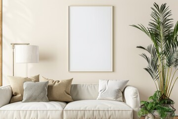 Fototapeta premium Scandinavian style living room with poster mockup created with generative ai