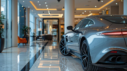 Selective focus grey car parked in luxury showroom
