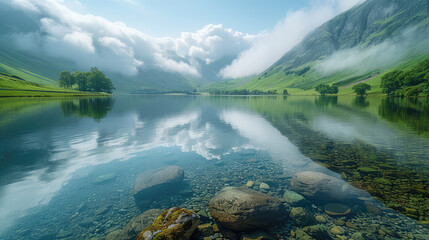 A stunning landscape photograph of the crystal clear waters reflecting lush green mountains, with mist gently swirling over the surface. Created with Ai