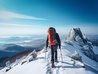Hiker enjoys snowy mountain adventure. Skier and hiker enjoy mountain vistas