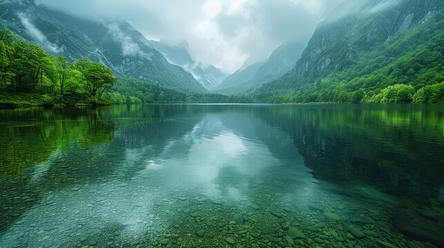 Beautiful green mountains and lake, reflection in the water, foggy weather, photography in the style of national geographic. Created with Ai