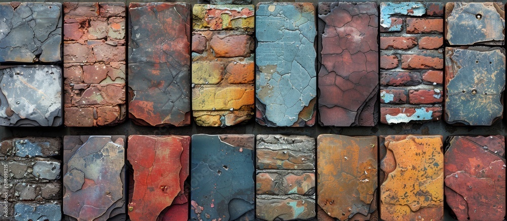 Poster close-up view of an aged wall made of bricks that vary in color, showcasing a rustic and weathered a