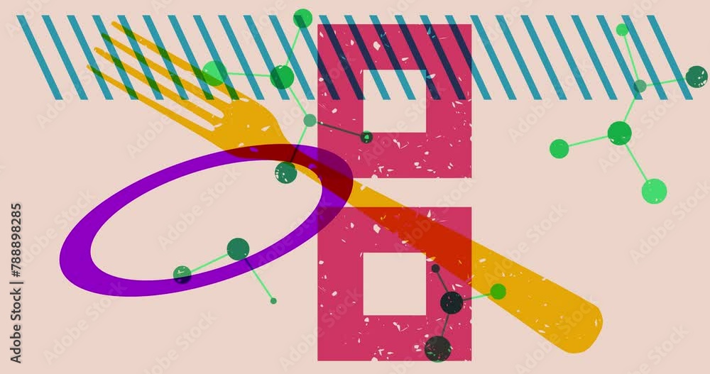 Poster risograph fork with geometric shapes animation. moving object in trendy riso graph design video.