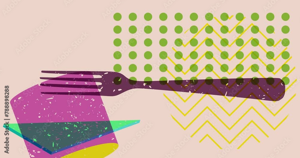Poster risograph fork with geometric shapes animation. moving object in trendy riso graph design video.