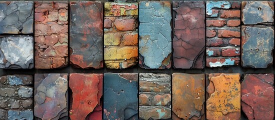 Close-up view of an aged wall made of bricks that vary in color, showcasing a rustic and weathered appearance - obrazy, fototapety, plakaty