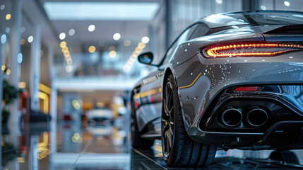 Selective focus grey car parked in luxury showroom
