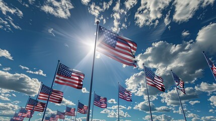 An expansive scene of U.S. flags fluttering in the breeze at a national memorial or monument, creating a powerful and moving tribute to the nation's history and heroes.