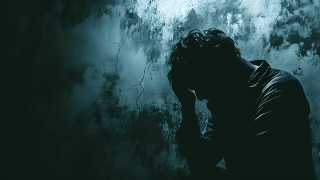 Schizophrenic man, sad after receive bad news. Stressed boy confused with unhappy problem, cry and worry about unexpected work, down economy, bipolar, health, sadness, grief, problems