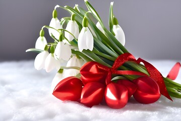 "A vibrant red background showcases a vase filled with delicate snowdrops, accompanied by a red and white martenitsa symbolizing the holiday on March 1st."
