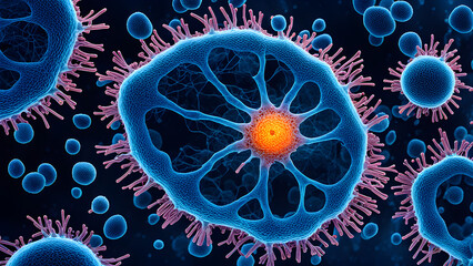 Bacteria and viruses under a microscope, biotechnology, and scientific background images