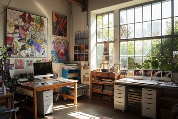A creative studio bathed in soft morning light, with artists and designers beginning their day's...