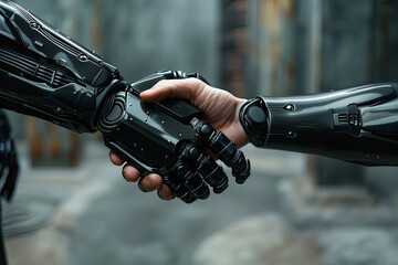 A man and a robot in an action film are shaking hands in a futuristic scene