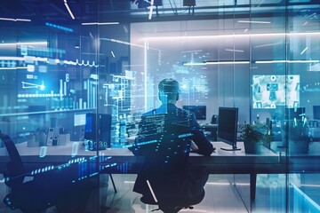 A futuristic office space with cutting-edge technology, holographic displays, and employees starting their day with virtual meetings and collaboration, Generative AI