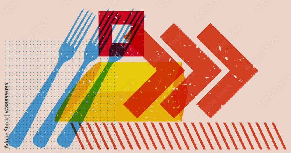 Poster risograph fork with geometric shapes animation. moving object in trendy riso graph design video.