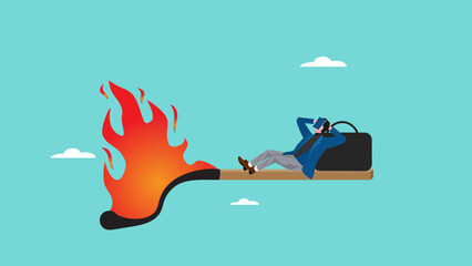 work procrastination, businessman sleeping on a burning matchstick, risk of delaying work, deadline concept