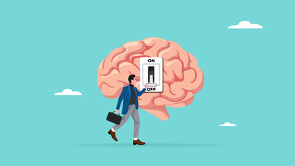 Turning off brain to relieve stress or problems, relaxation to relieve anxiety from your brain, Reduce stress concept, stress management, businessman turning off the switch in the human brain concept