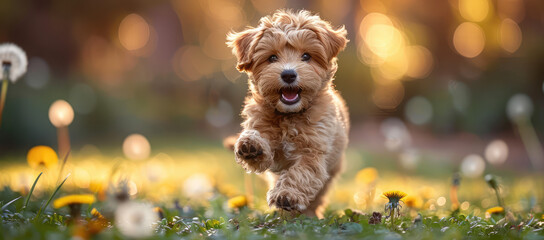  A cute golden doodle puppy running through the garden, captured in full body with vibrant colors and sharp focus. Created with Ai