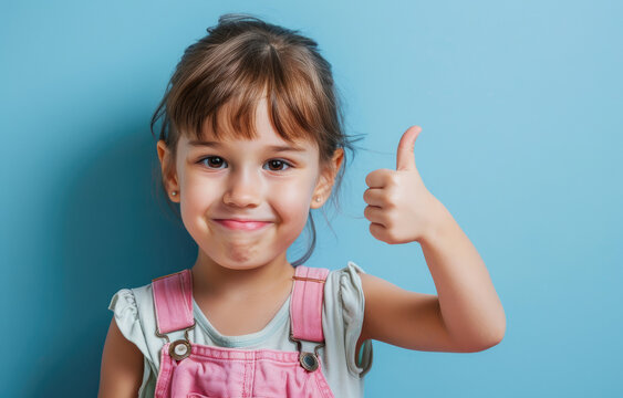 Cute little girl showing thumbs up, smiling and looking at camera isolated on pastel blue background with copy space concept of positive expression for good work or happy customer