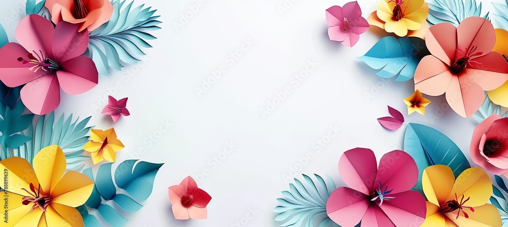 Canvas Prints a bunch of colorful paper flowers and leaves on a white background