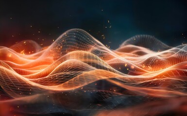 Fototapeta premium A dynamic interplay of glowing particles and intricate mesh-like structures. These wave-like structures undulate gracefully against a deep blue background.