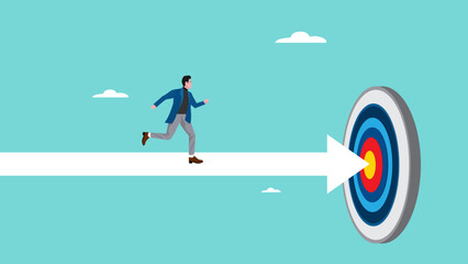 focus on achieving business targets or goals, the right career path to achieve success, confident businessman running on a straight arrow towards the target board concept vector illustration