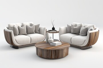 3D model of a living room set with couches, coffee table and wooden flooring
