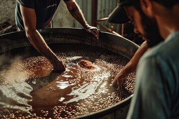 Coffee Farmers Inspecting Coffee Beans During The Fermentation Process, Stirring The Beans in Large Vats of Water as They Ferment to Perfection, Generative AI