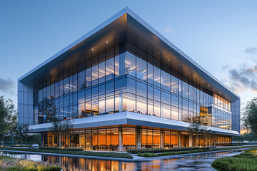 A contemporary office building with glass curtain walls, featuring modern architecture and industrial design elements. The exterior is adorned with trees and grassy lawns under the twilight sky. 