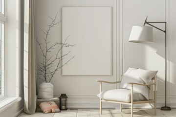 Scandinavian style living room with poster mockup created with generative ai