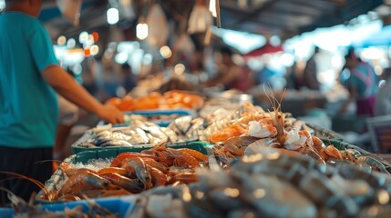 An out of focus image of a seafood market with the chaotic yet picturesque scene of fishermen unloading their boats and eager customers browsing through the array of seafood on display. .